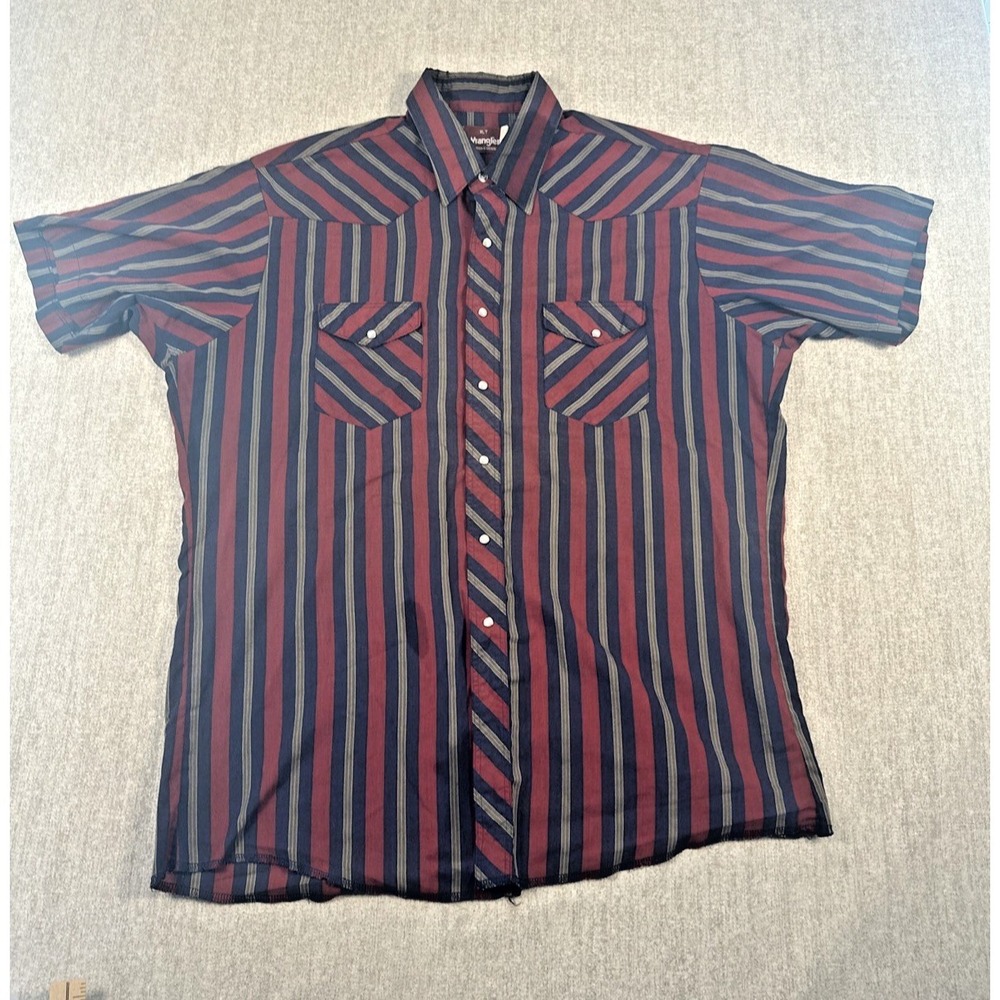 Wrangler Western Shirt Mens XLT Maroon Blue Striped Pearl Snap‎ Short Sleeve